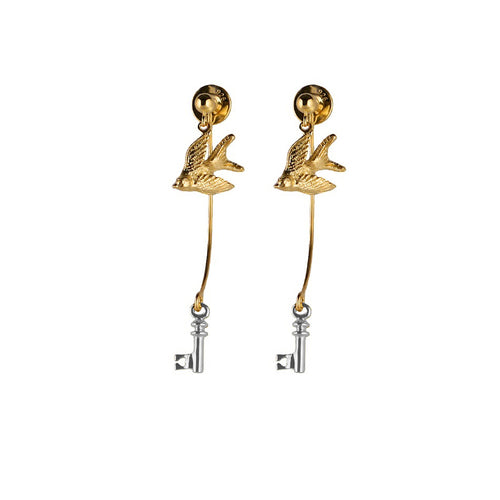 Gold Swallow and Silver Key Earrings