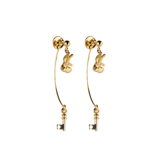 Gold Swallow And Key Earrings - Roz Buehrlen - 1