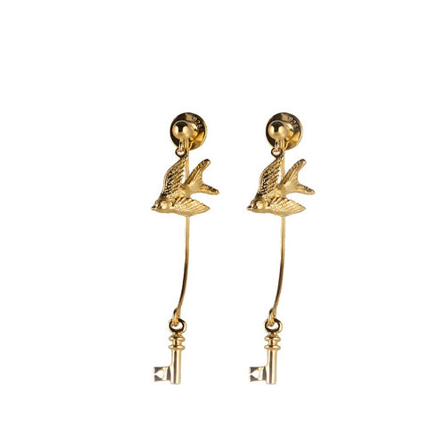 Gold Swallow And Key Earrings - Roz Buehrlen - 2