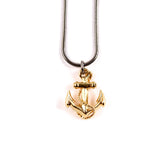 Gold anchor boyfriend pendant on a ruthenium snake chain.